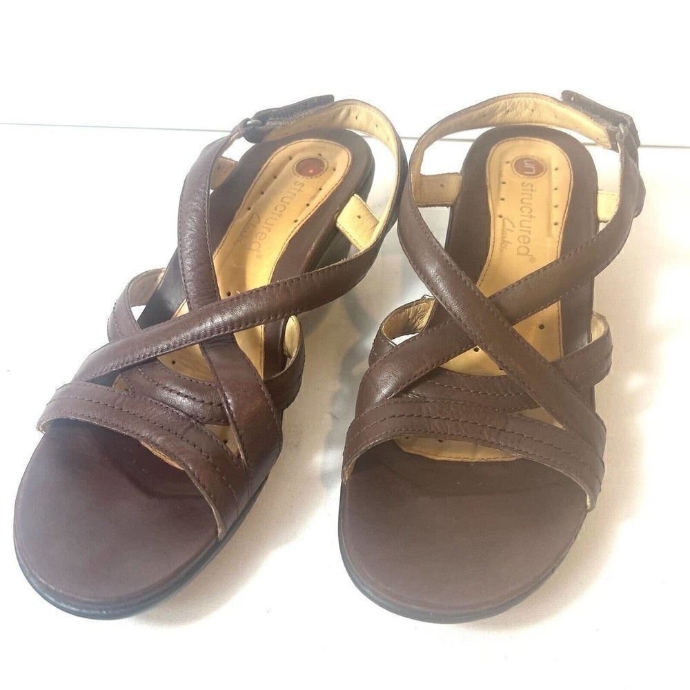 Clarks Unstructured Heel Sandals Women 10M Brown Leather Slip On Sling Back Open